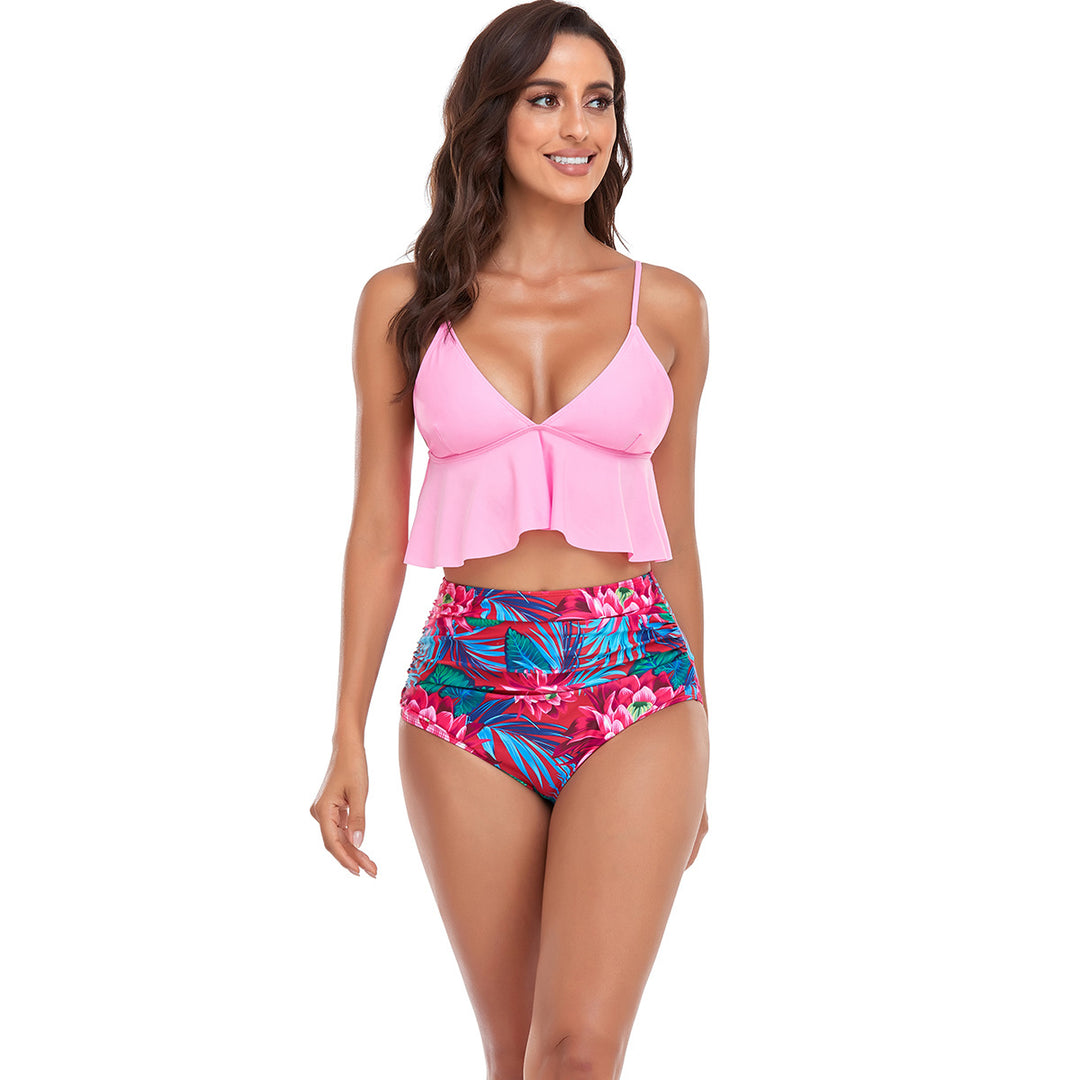 Dame bikini-sæt med voluminøst flæse-top og højt skårne badeshorts Stilla