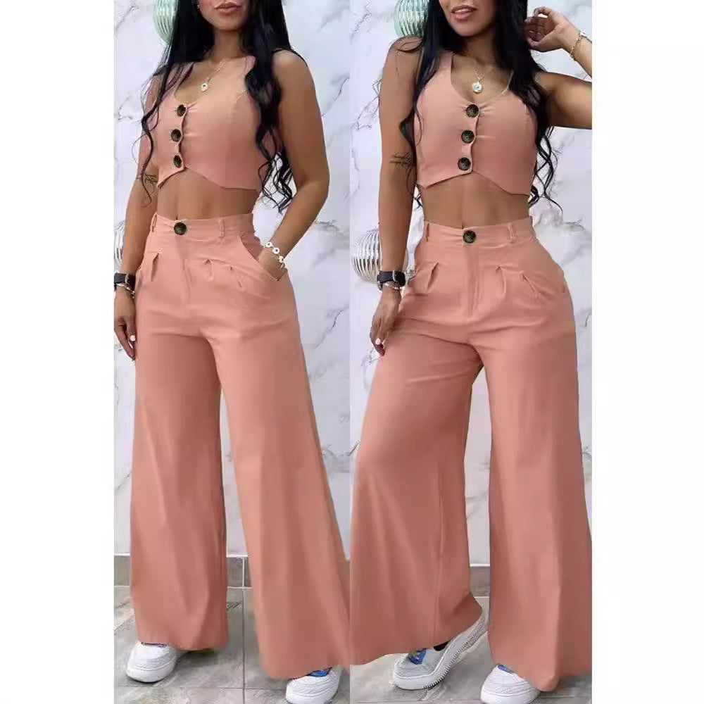 Dame stilfuld Crop-Top og bred buks sæt med knapdetaljer Stilla
