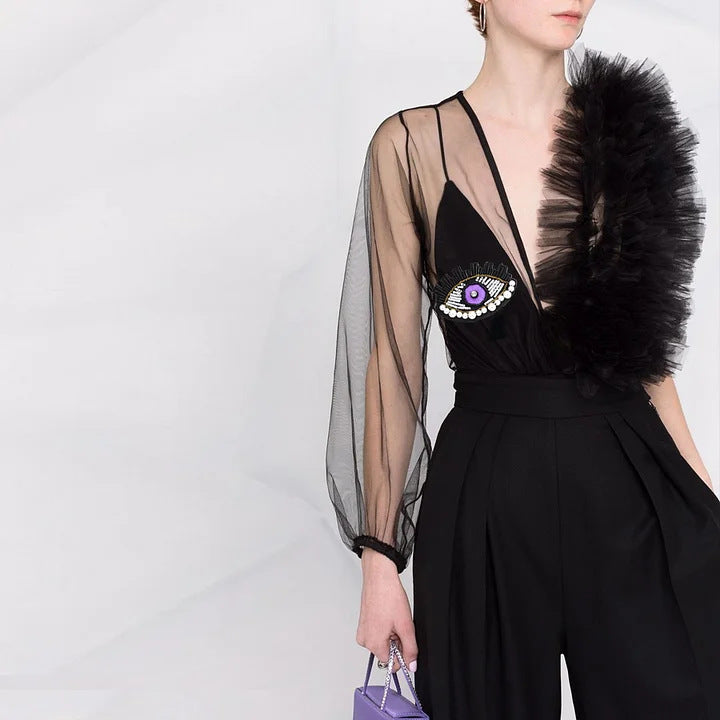 Dame et stykke badedragt med kunstnerisk ruffle-design og dekoreret blikfang Skovae