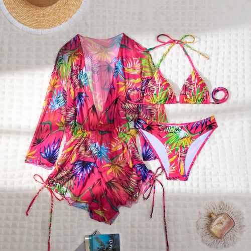 Dame bikini-sæt med floral kimono og høj skæring Stilla