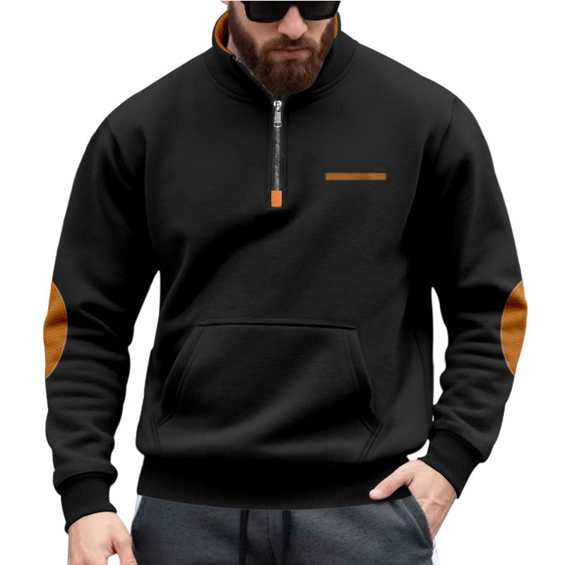 Herre nan halvzip-sweatpullover med ståkrave, kængurulomme og albuepåsætning Skovae