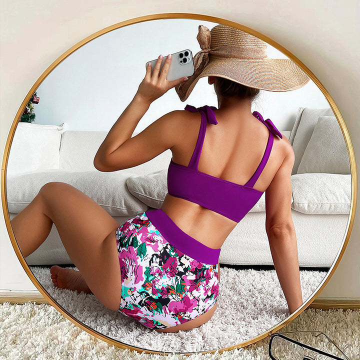 Dame Højtaljet Bikini-Sæt med blomsterprint Bustier-Overdel og justerbare stropper Stilla