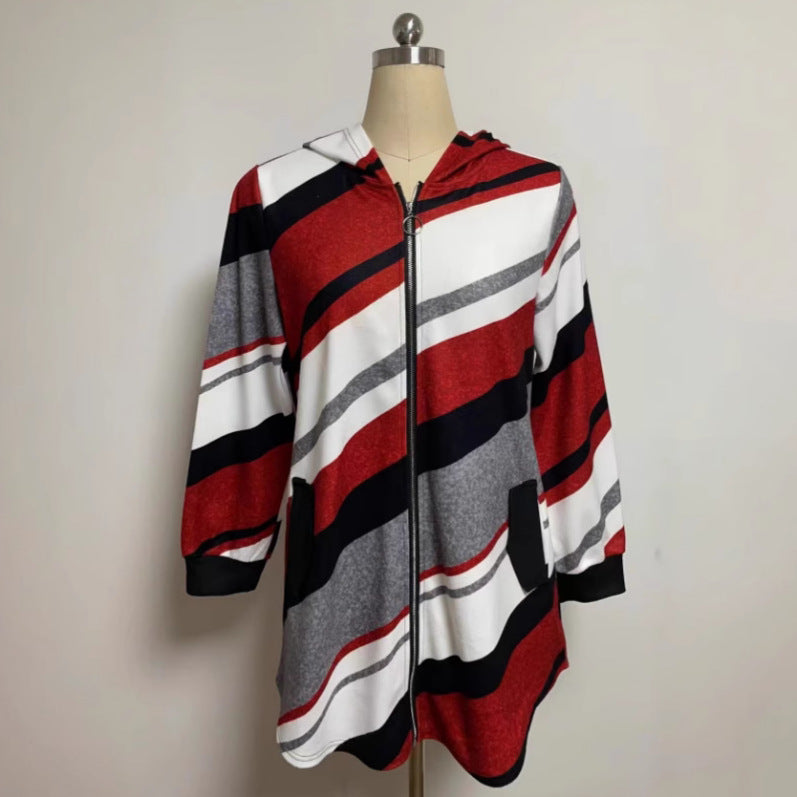 Dame nan Longline-hoodie med diagonal stribemønster, ringlynlås og sidelommer Skovae