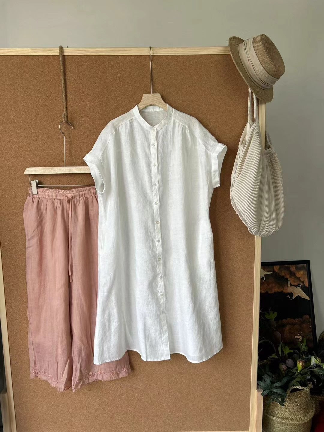 Dame Relaxed Fit Linned Knapliste Tunika Skjorte Stilla