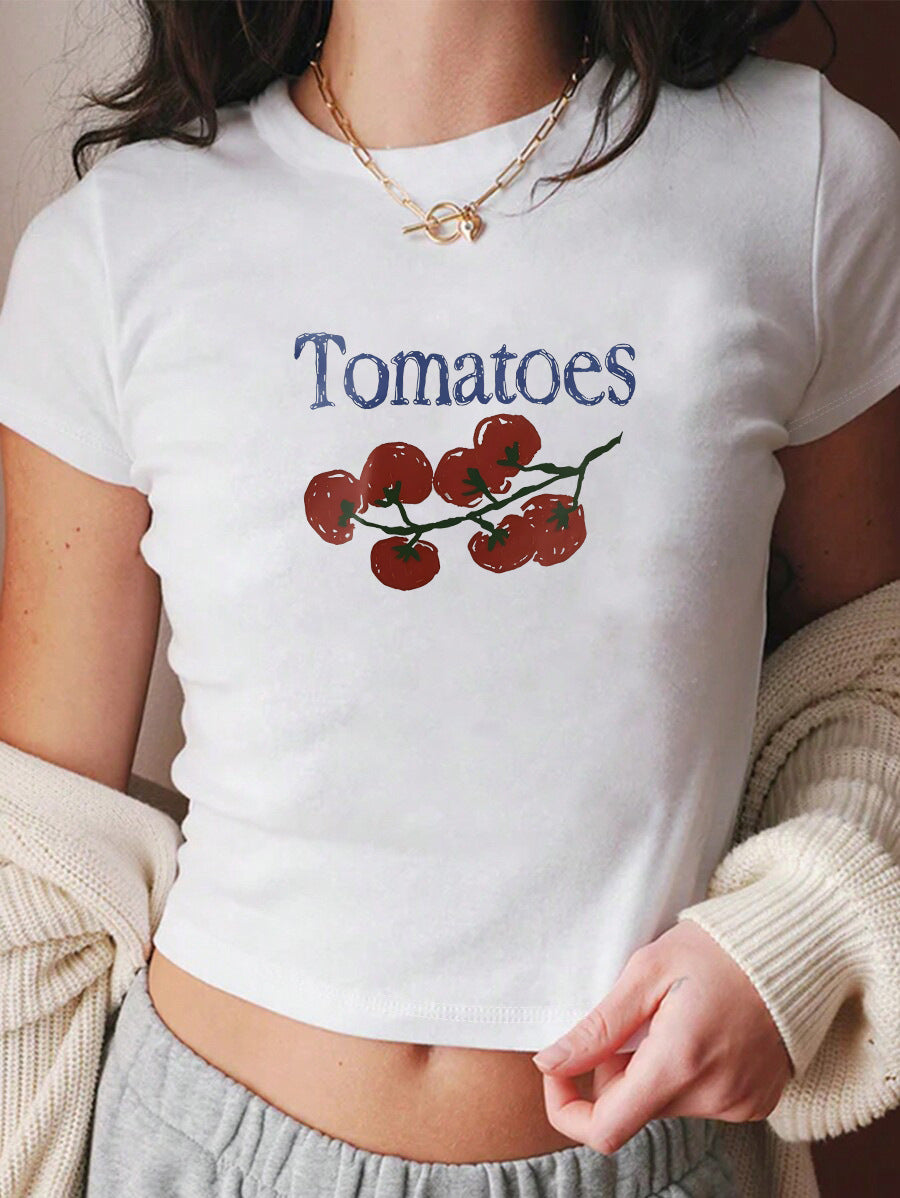 Dame Crop-T-Shirt med kreativt tomatmønster Skovae