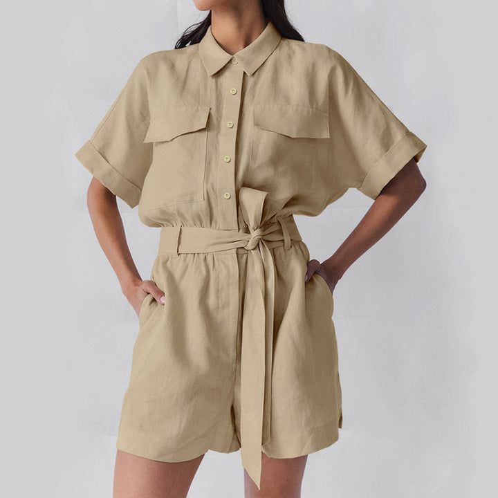 Dame behagelig kort jumpsuit med mode skjortekrave og bindebælte Stilla
