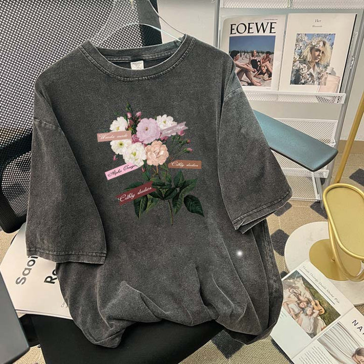 Dame T-shirt med blomsterapplikationer og afslappet oversized-snit Stilla