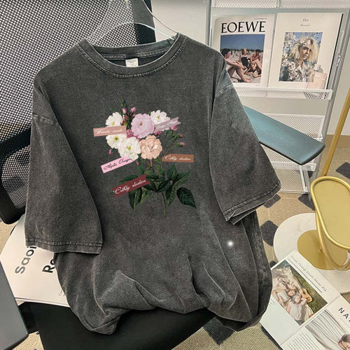 Dame T-shirt med blomsterapplikationer og afslappet oversized-snit Stilla