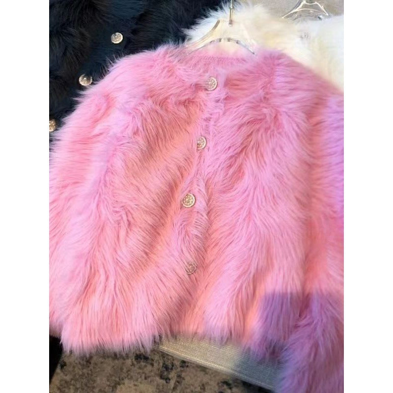 Kvinders fluffy kort jakke med elegante knapdetaljer Stilla