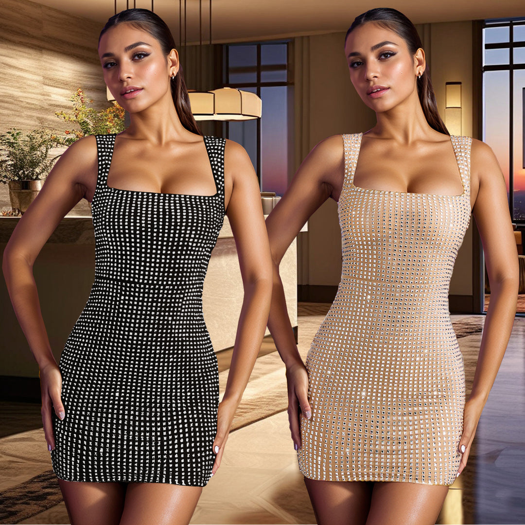 Damer Smart Bodycon Minikjole med kvadratisk U-hals og fine Rhinestone-detaljer Stilla