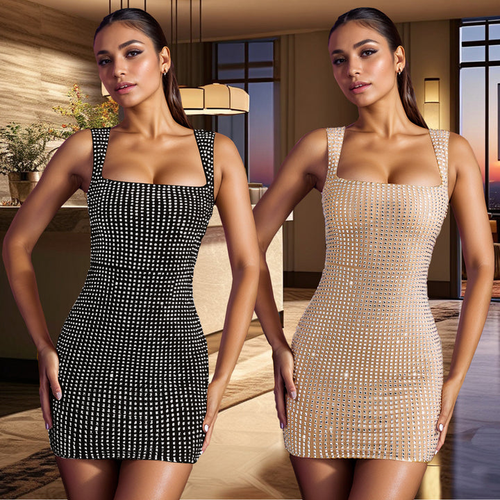 Damer Smart Bodycon Minikjole med kvadratisk U-hals og fine Rhinestone-detaljer Stilla