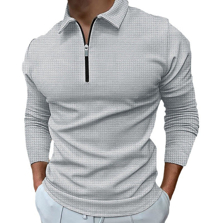 Herre langærmet poloshirt med kentkrave, kort frontlynlås og fin vaffelstruktur Skovae