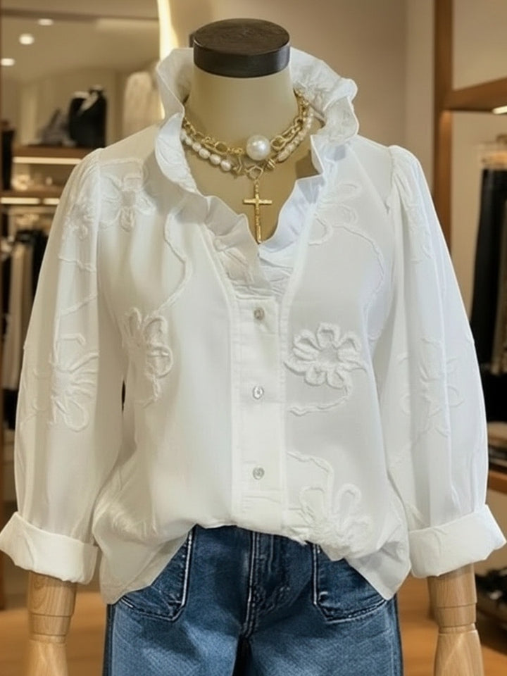 Dame elegant bluse med florale broderier og voluminøse ærmer Skovae