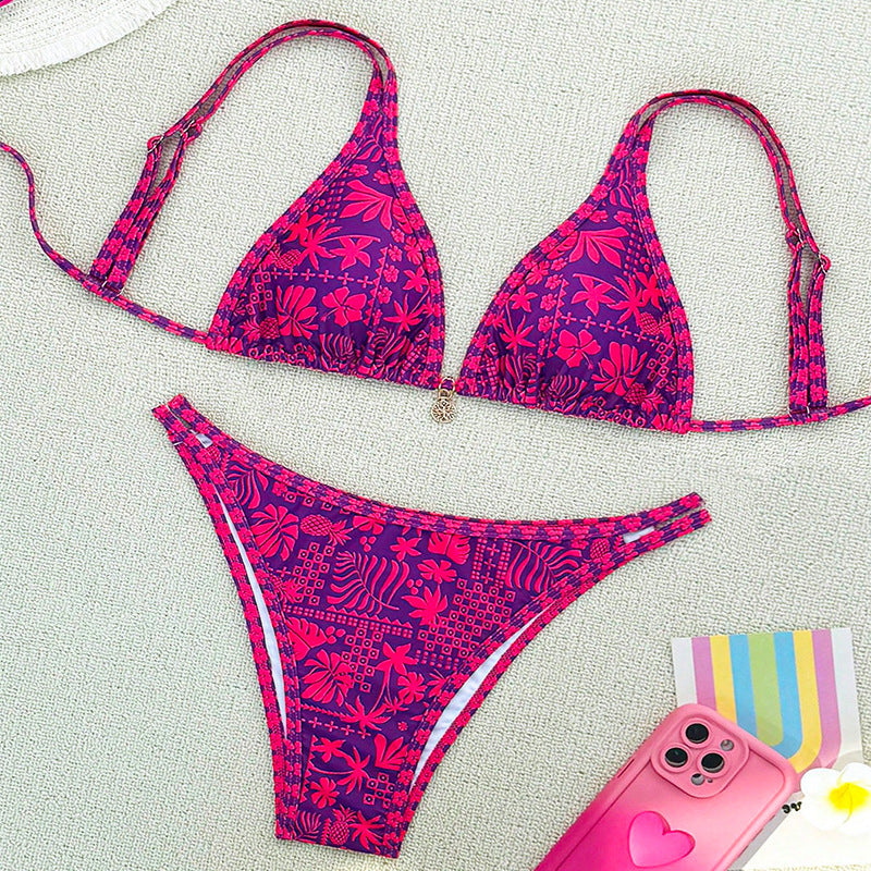 Dame triangel bikini sæt med blomstermønster og raffinerede bindebånd Skovae