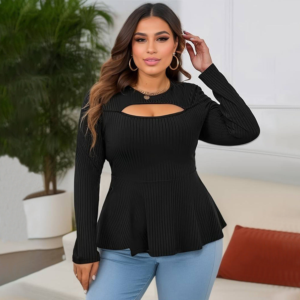 Dame Elegant Langærmet Top med smart Cut-Out og svungent Kant Stilla