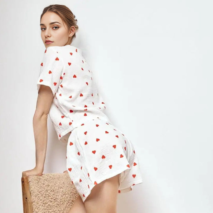 Dame fritids-loungewear-sæt med hjerteformet mønster og elastisk talje Stilla