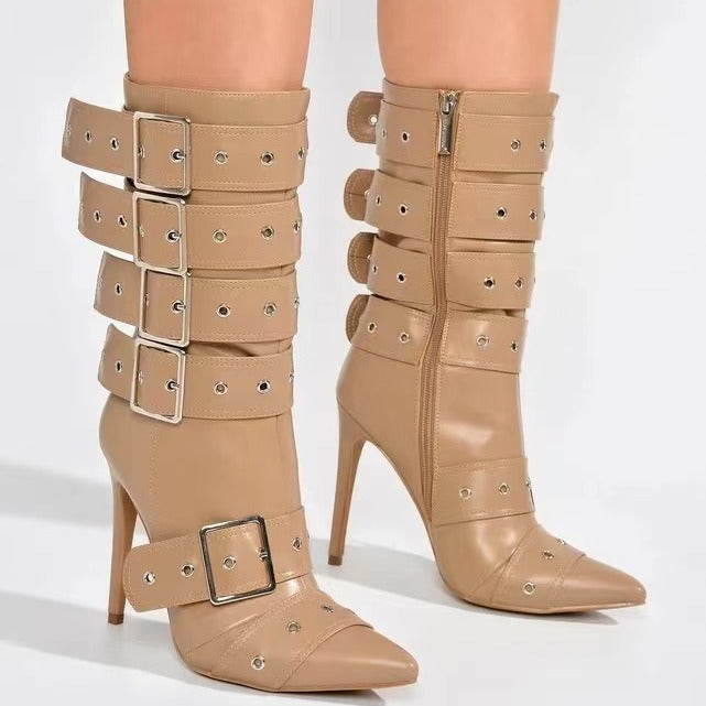 Dame Statement Stiletto Støvler med dekorative spænder og nitter Stilla