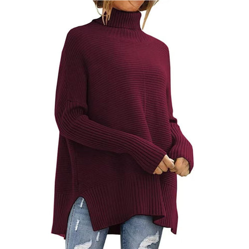 Dame Stor Turtleneck Skipjorte med Fin Ribbet Struktur og Asymmetrisk Snit Stilla