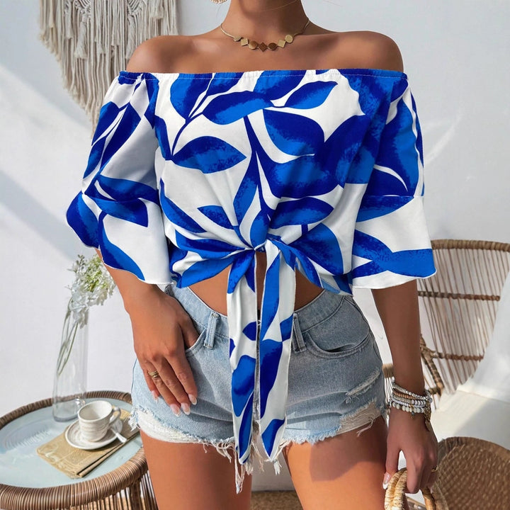 Dame Off-Shoulder Bluse med blomstermønster og justerbar knude Skovae