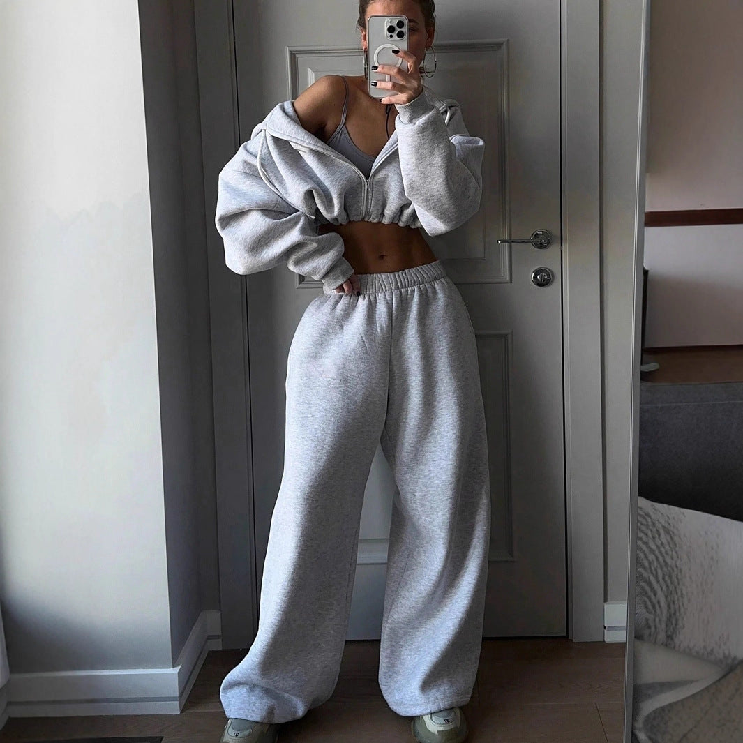 Kvindernes cropped fleece hoodie og casual joggers sæt Skovae