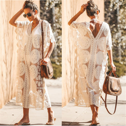 Dame hæklede strandkimono med elegant spidsdekoration Stilla
