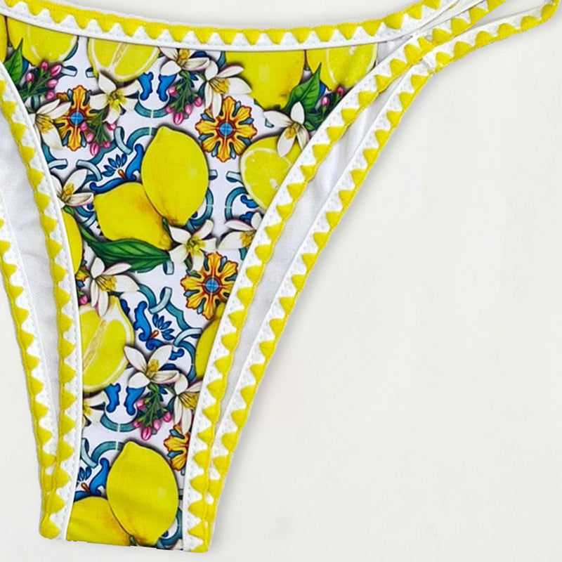 Dame triangel-bikini med glad citrusmønster Skovae