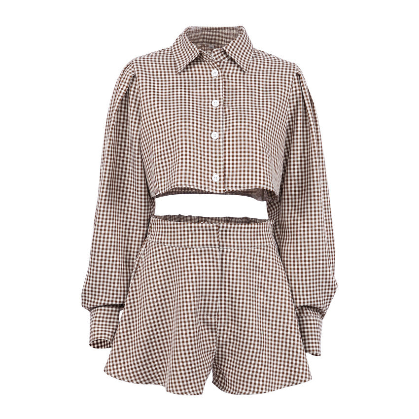 Damer Rutet Kort overdel og Shorts-sæt med svingende kant og lange ærmer Stilla