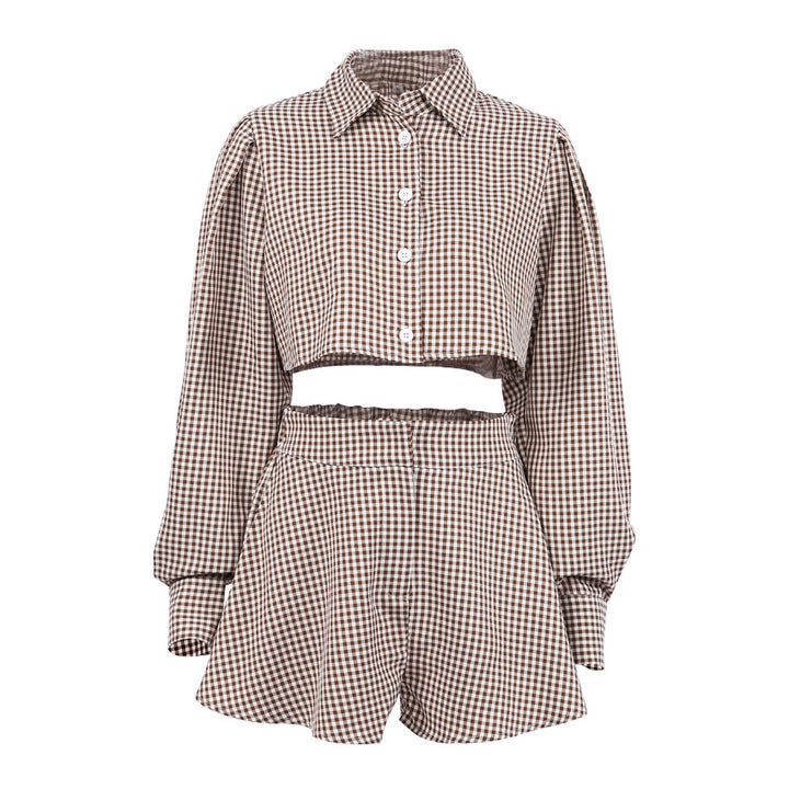 Damer Rutet Kort overdel og Shorts-sæt med svingende kant og lange ærmer Stilla