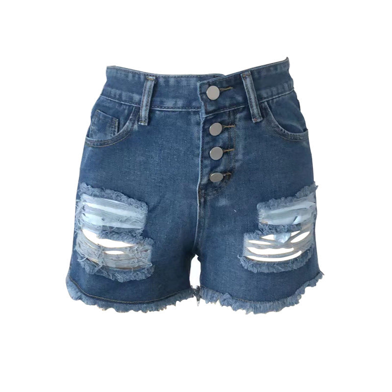 Dame afslappede destroyed jeansshorts med knaplukning og frynset kant Skovae