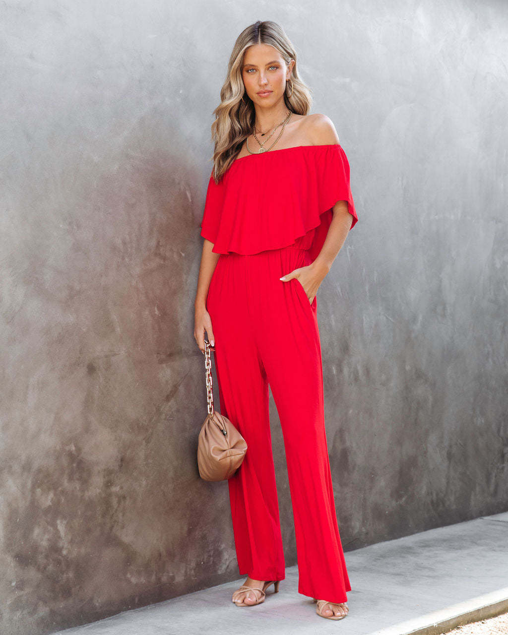 Dame Off-Shoulder Jumpsuit med bred ben og elastisk talje Skovae