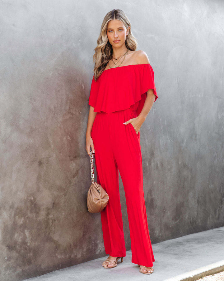 Dame Off-Shoulder Jumpsuit med bred ben og elastisk talje Skovae