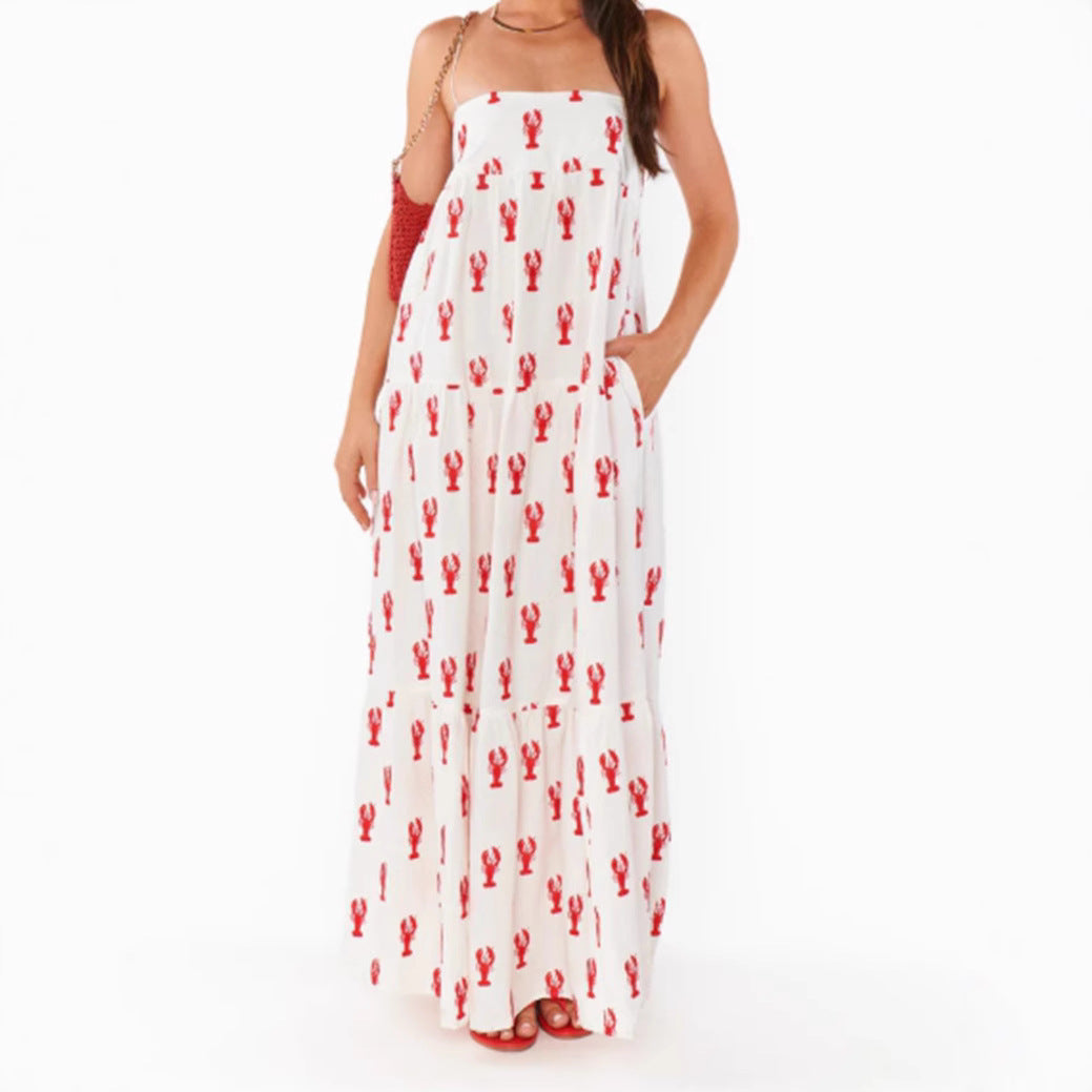 Dame strapless bandeau maxikjole med lagdelt volantnederdel og maritim hummermotiv Skovae
