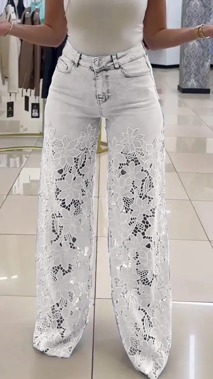 Dame jeans med florale spidsapplikationer Stilla