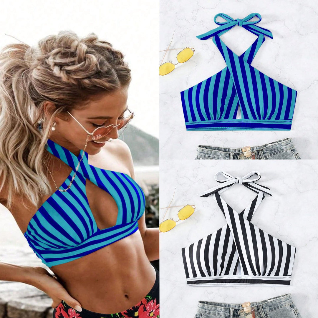 Dame triangle-bikini top med gennemtænkt omviklingsdesign og elegant stribemønster Skovae
