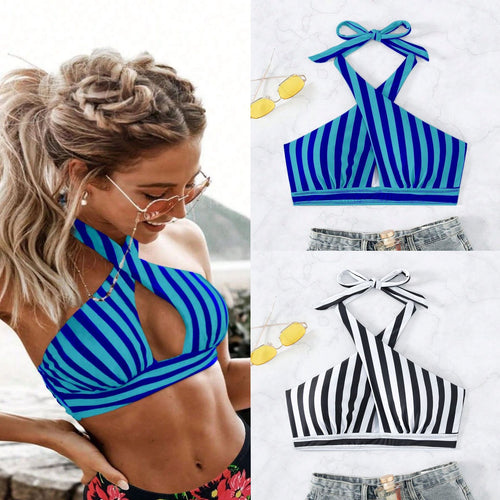 Dame triangle-bikini top med gennemtænkt omviklingsdesign og elegant stribemønster Skovae