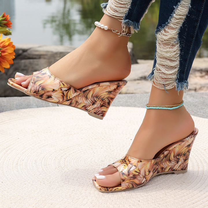 Dame Wedge-Pantoletten med moderne marmor-design og komfortabelt fodsenge Stilla