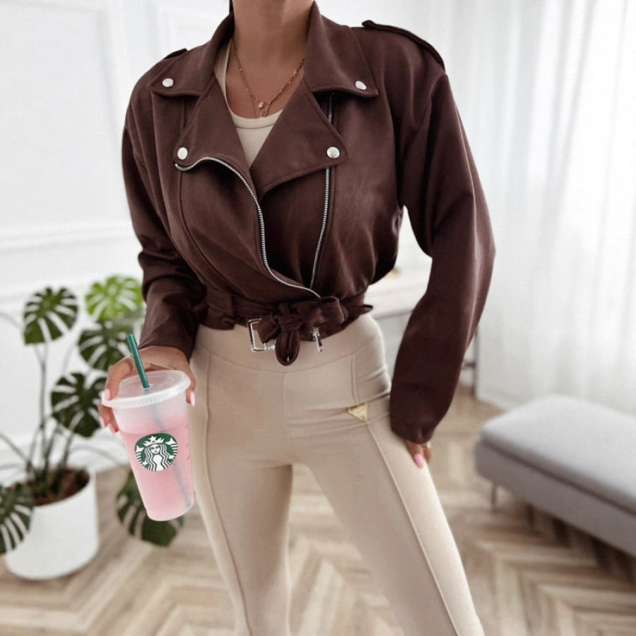 Damer elegant og fashionable faux læder bikerjakke med bælte Stilla