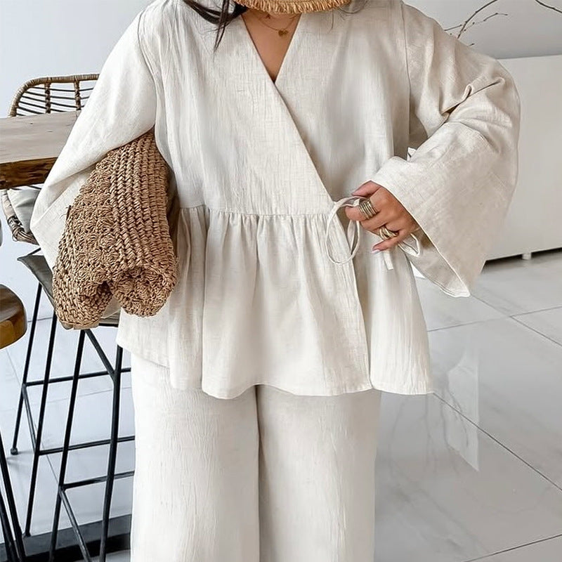 Dame elegant og afslappet lounge-sæt med oversized bluse og flydende bukser Stilla