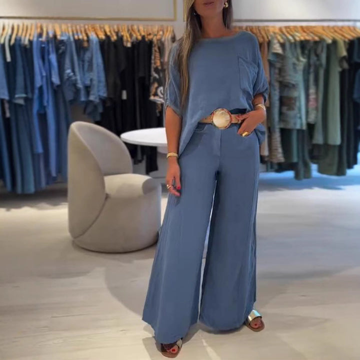 Damer nan afslappet hørmix-sæt med kasseformet oversized-top, påsyet brystlomme og bred palazzo-bukseben Skovae