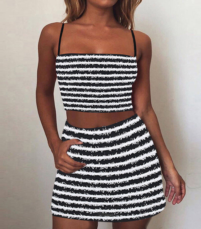 Dame To-delt Crop-top og Nederdel Sæt med iøjnefaldende Stribemønster Stilla
