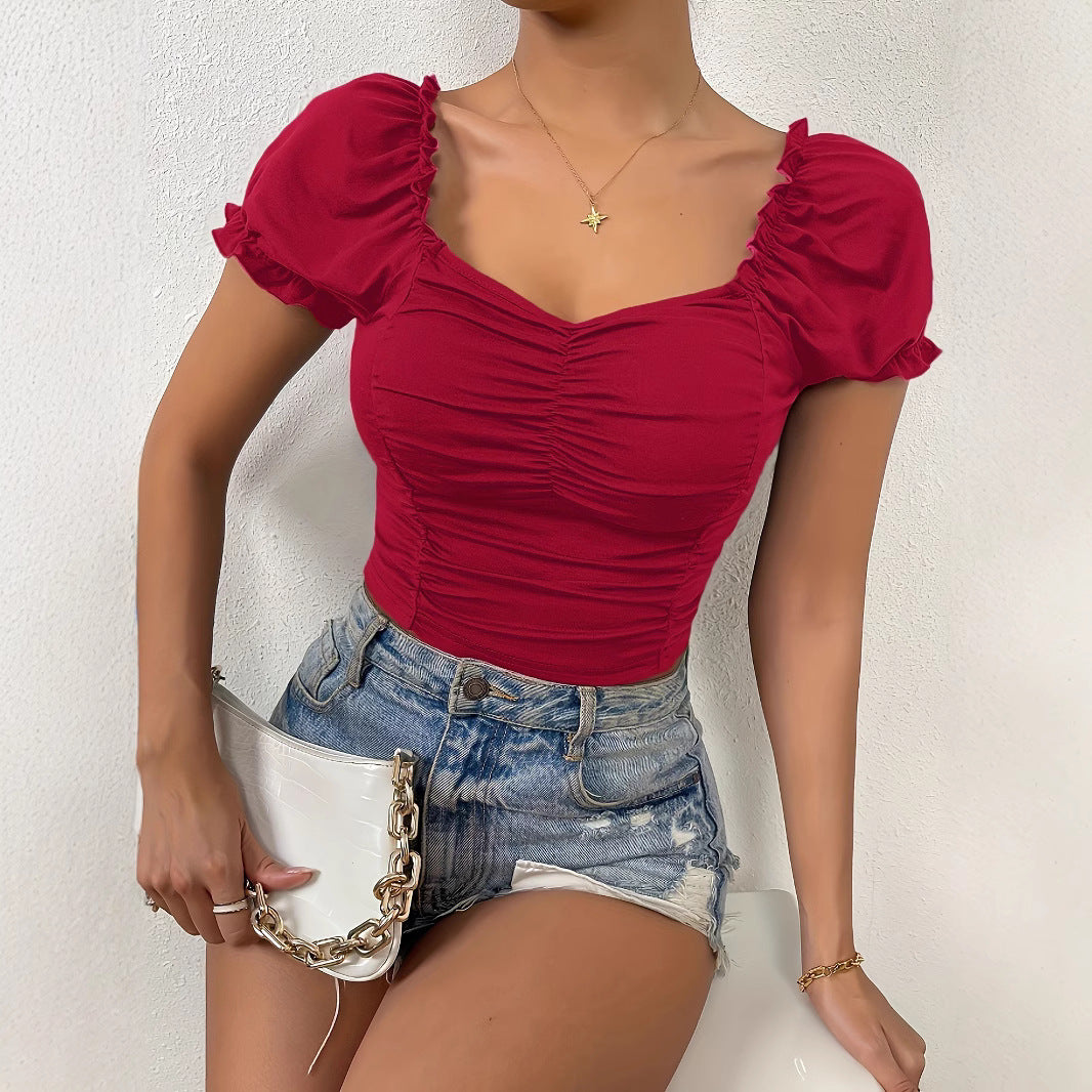 Dame figursyet crop-top med puffærmer og rynkning Skovae