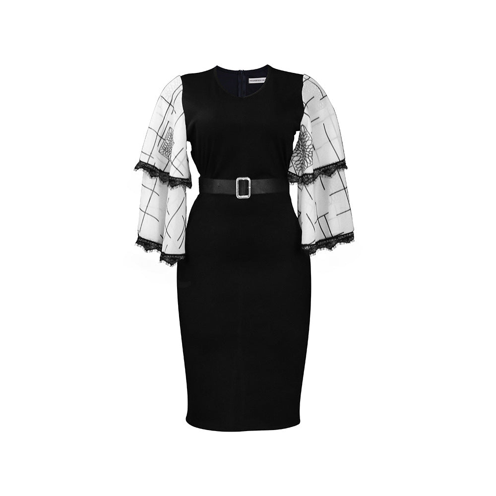 Dame Midi Kjole med elegante spidse ærmer og taljeret bælte Stilla