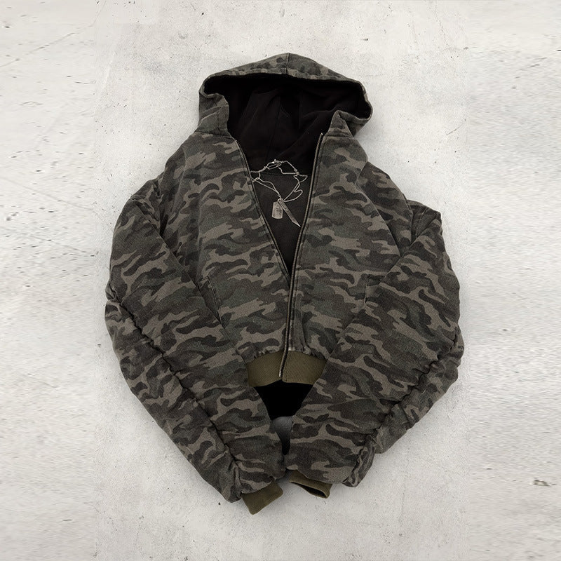 Herren nan kortskåret camouflage jakke med hætte i bomberstil med teddyfor og tovejs lynlås Skovae