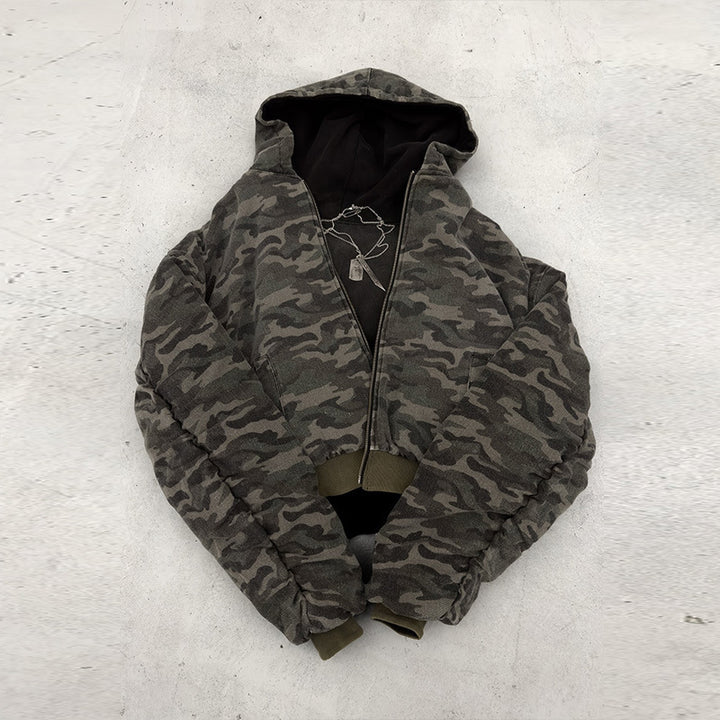 Herren nan kortskåret camouflage jakke med hætte i bomberstil med teddyfor og tovejs lynlås Skovae