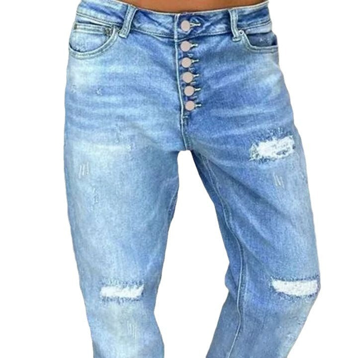 Kvinders afslappede jeans med høje knapper og slidte detaljer Stilla
