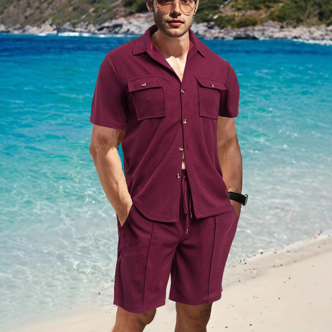 Herrer afslappet strandskjorte og shorts sæt med praktiske lommer Stilla