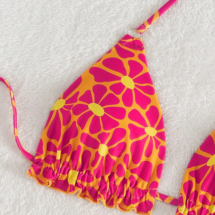 Dame Farverig Blomster Bikini med Flæse og Strings Stilla