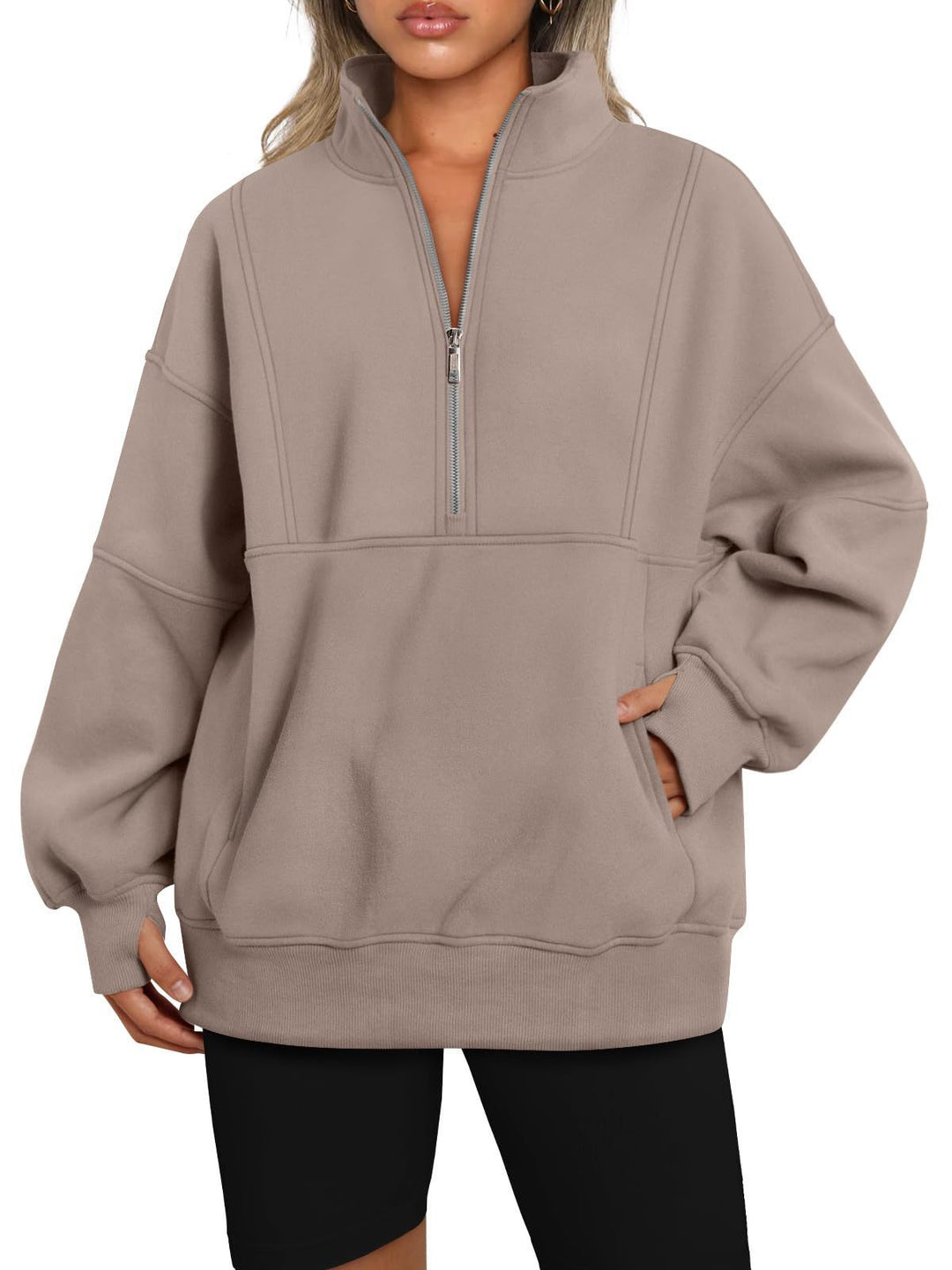Dame Sporty Hoodie med halvdelen lynlås og voluminøse ærmer Stilla