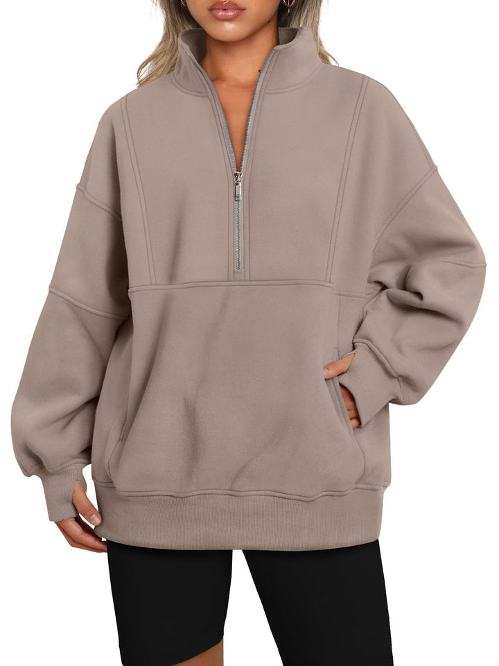 Dame Sporty Hoodie med halvdelen lynlås og voluminøse ærmer Stilla