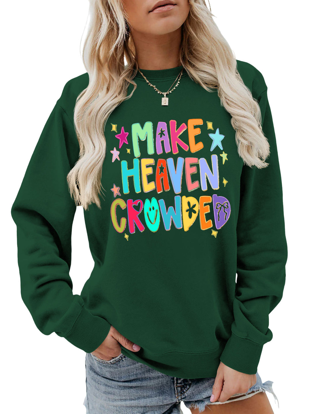 Kvinders sweatshirt med farverigt design og legende tekst Stilla